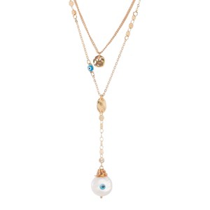 Slickblue Women's Choker Necklace, Gold Blue Evil Eye and Circle Pendants on Double Chain, Trendy Style, 15-17" - 1 of 4