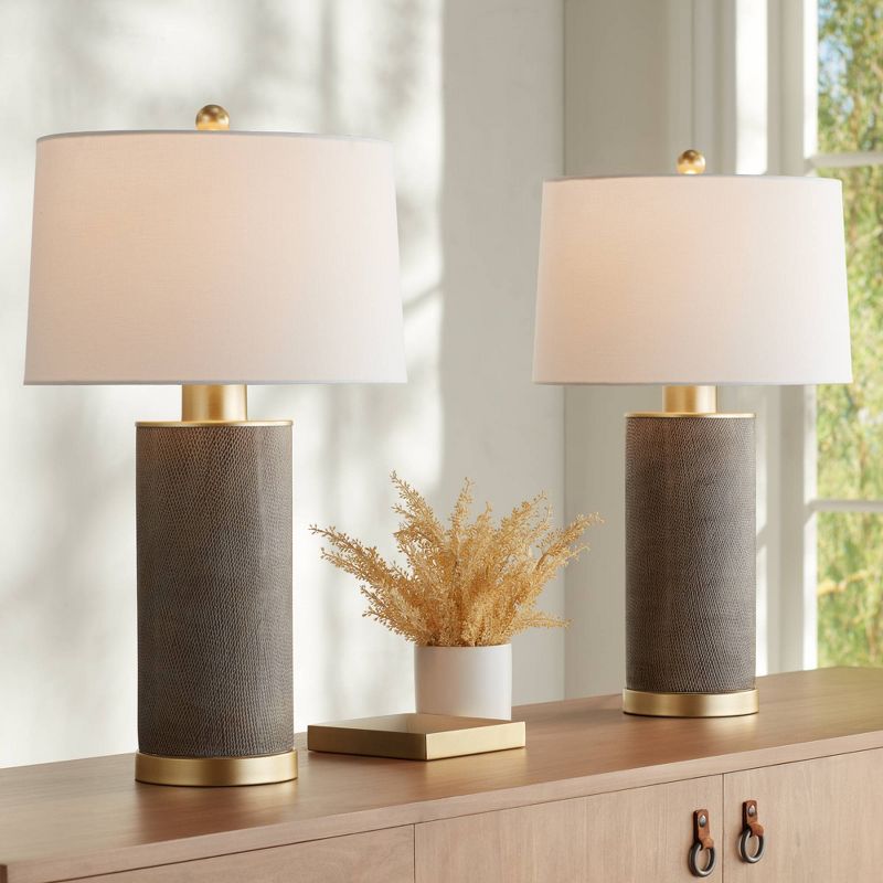360 Lighting Gilson 24 3/4" High Modern Glam Luxe Table Lamps Set of 2 Gold Textured Gray Finish Ceramic White Shade Living Room Bedroom Bedside, 2 of 11