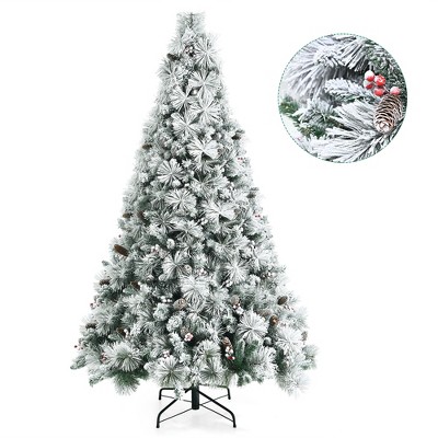 Costway 7ft Snow Flocked Christmas Tree Glitter Tips w/ Pine Cone & Red Berries