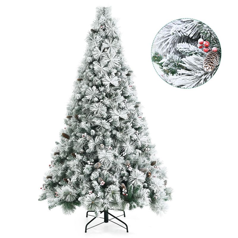 Costway 7ft Snow Flocked Christmas Tree Glitter Tips w/ Pine Cone & Red Berries, 1 of 13