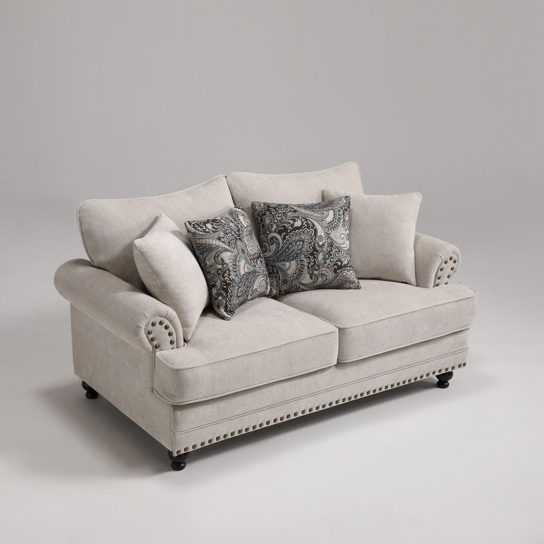 Farmhouse Beige Linen-like Loveseat with Rolled Arm and Nailhead Trim, Couch for Living Room