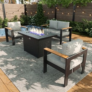 LayinSun 4 Pieces Aluminum Outdoor Patio Furniture Set with Fire Pit Table, Outside Metal Patio Conversation Sets with Deep Seating and Thick Cushions - 1 of 4
