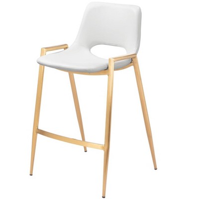 HomeRoots Set of Two 26" White And Gold Faux Leather And Steel Low Back Counter Height Bar Chairs
