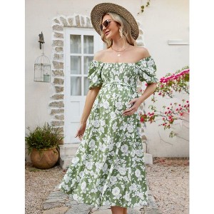 WhizMax Women's Maternity Dress Summer Floral Print Square Neck Puff Sleeve Midi Dress Casual Ruffle A Line Dress for Babyshower - 1 of 4
