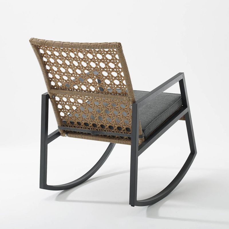 Komodo Modern Boho Faux Rattan &#38; Metal Outdoor Rocking Chair with Cushion - Brown/Gray - Saracina Home, 5 of 10