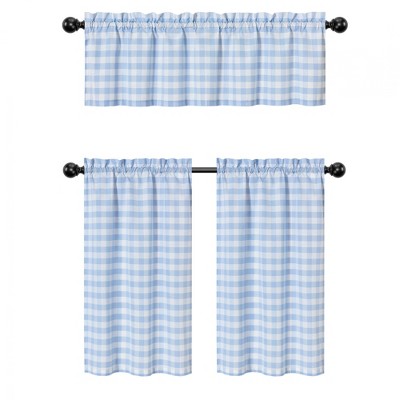Blue Gingham Cotton Polyester Kitchen Curtain Set, 56" W x 36" L