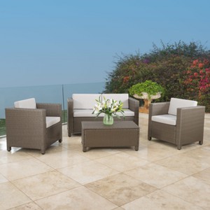 Puerta 4pc Wicker Chat Set & Cover: Steel Frame, Weather-Resistant, Includes Cushions - Christopher Knight Home - 1 of 4