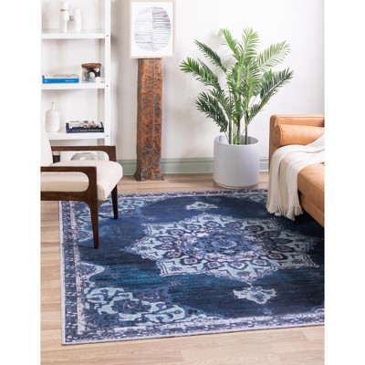 Navy Blue Synthetic Square Medallion Washable Area Rug
