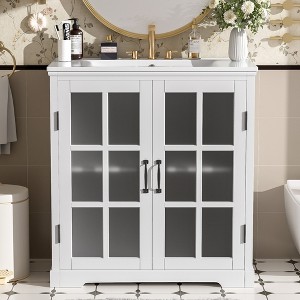 TiramisuBest30" Modern Bathroom Vanity with Ceramic Sink ¨C Soft-Close Drawers, Frosted Glass Doors & Matte Black Handles, Rubber Wood Frame - 1 of 4