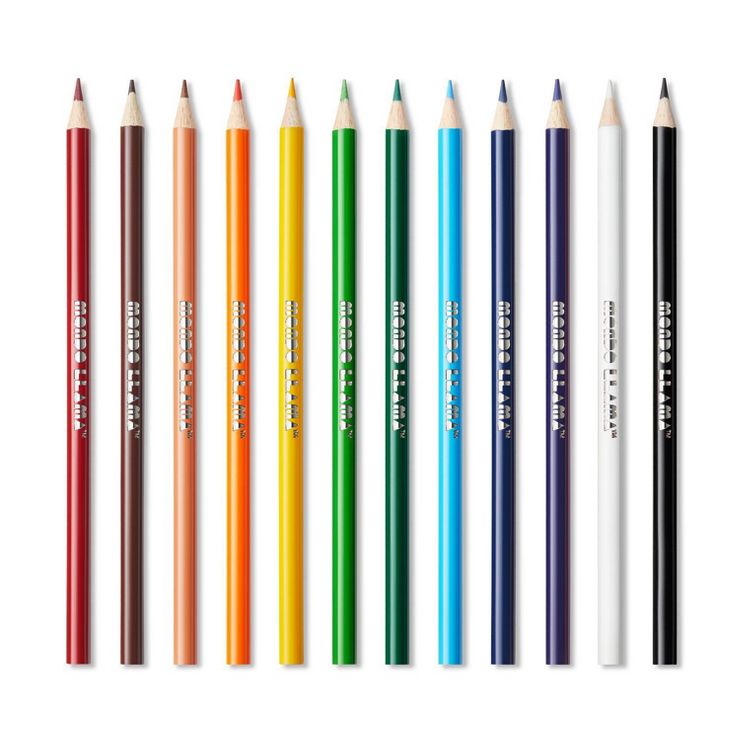 Twelve colored pencils in shades of red, brown, orange, yellow, green, blue, purple, white, and black are arranged in a row with visible text on each pencil.