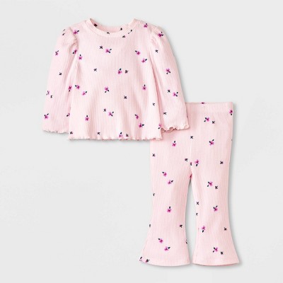 Image of Baby Girls' Cozy Ribbed Top & Bottom Set - Cat & Jack™ Light Pink 3-6M