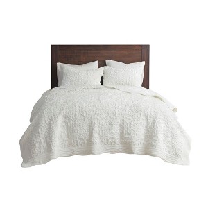 Gracie Mills Delores 3 Piece Embroidered Faux Fur Coverlet Set - Full/Queen - Ivory - 1 of 4