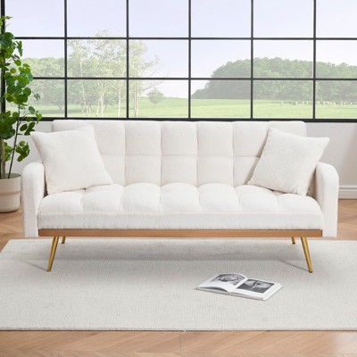 Aukfa 69"Convertible Sofa Bed with Teddy Fabric & Gold Legs - Modern Futon Couch Includes 2 Pillows, for Living Room/Bedroom