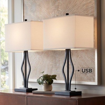 360 Lighting Ally Modern Table Lamps 26 1/2" High Set of 2 Black Metal with USB Charging Port Rectangular Fabric Shade for Bedroom Living Room Desk