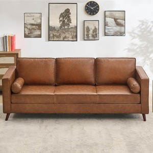 81" Leather Sofa, Mid Century Modern Deep Seat Couch, Upholstered Cushion&Removable Cover, Brown PU Couch, 3 Seat Sofa for Living Room, Office, Brown - 1 of 4