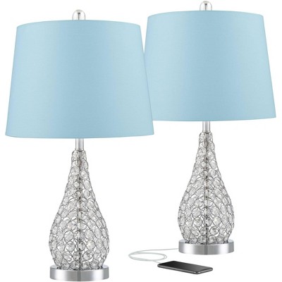 360 Lighting Modern Accent Table Lamps Set of 2 with USB Charging Port Acrylic Chrome Blue Hardback Drum Shade Living Room Bedroom