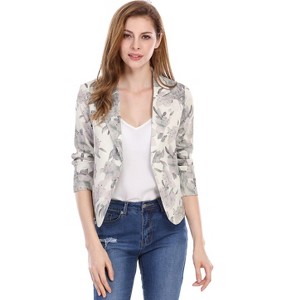 INSPIRE CHIC Women's Open Front Office Long Sleeve Lightweight Printed Floral Crop Suit Blazer - 1 of 4