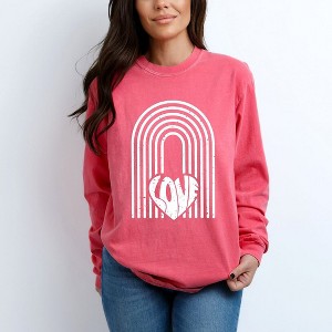 Simply Sage Market Women's Rainbow Love Heart Distressed Long Sleeve Garment Dyed Tee - 1 of 4