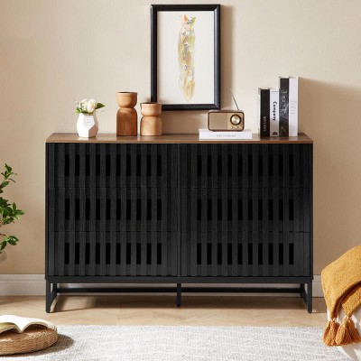 47'' Black Modern Drawer Storage Cabinet with Slatted Front & Metal Base,Wooden Dresser for Bedroom or Entryway-Baofuwish