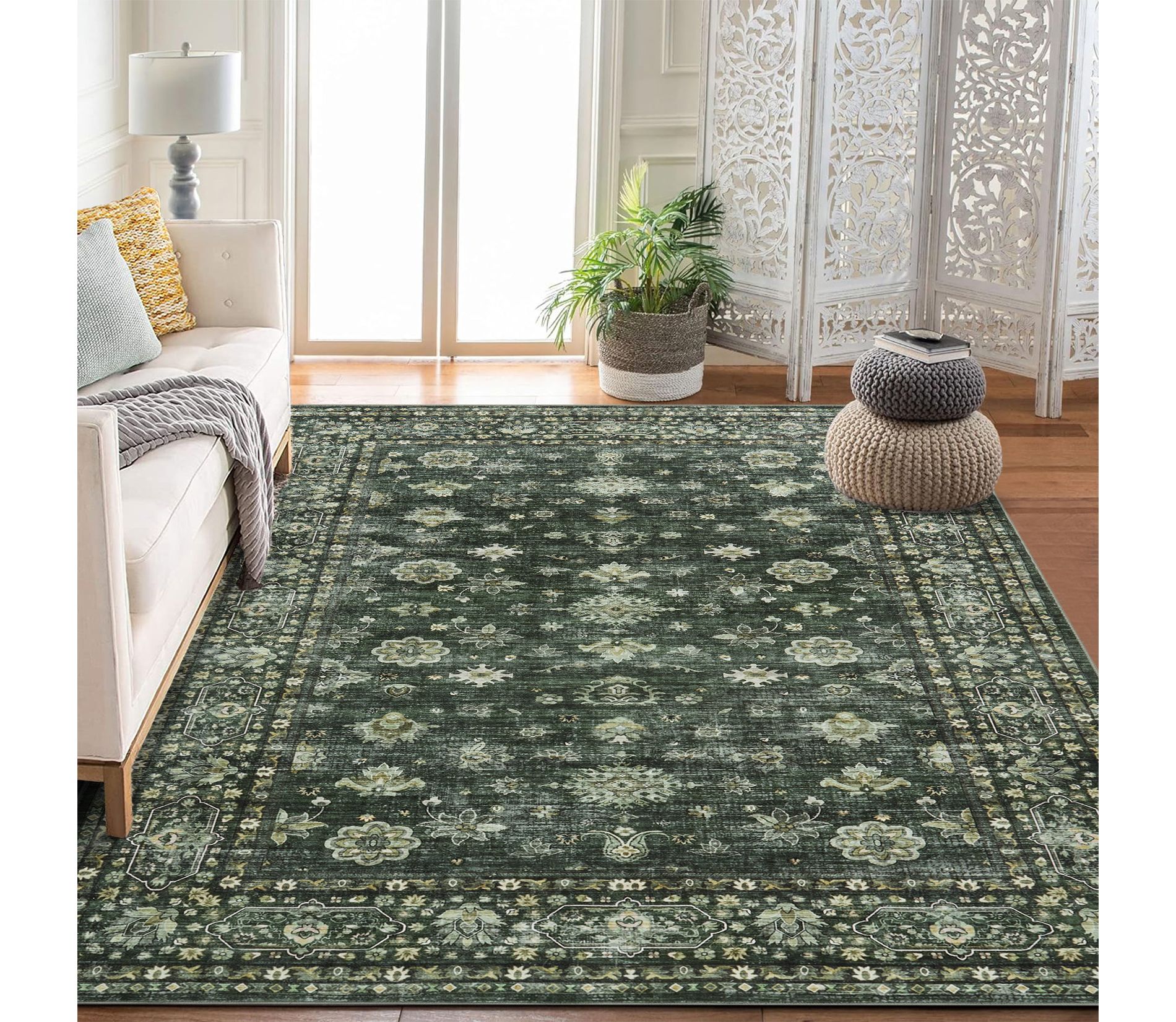 Area Rug 4'x6' Indoor Vintage Living Room Carpet Washable Distressed Rug Green Floral Bedroom Rug: Stain-Resistant, Pet Friendly, Traditional Style