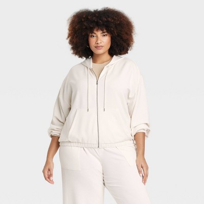 Women's Sandwash Hooded Zip-Up Sweatshirt - A New Day™ Cream 1X