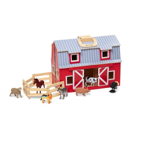 11 pcs Melissa & Doug Fold and Go Wooden Horse Stable Dollhouse With Handle and Toy Horses 