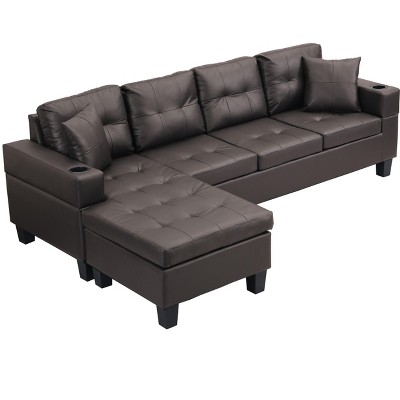 NicBex L-Shaped Convertible Sectional Sofa with Chaise and 2 Cup Holders for Living Room,Apartment,Office,Brown