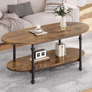 Oval Coffee Table Unique Tea Table 47.2" Cocktail Table Low Storage Coffee Table 2 Tier Vintage Center Table - 1 of 4
