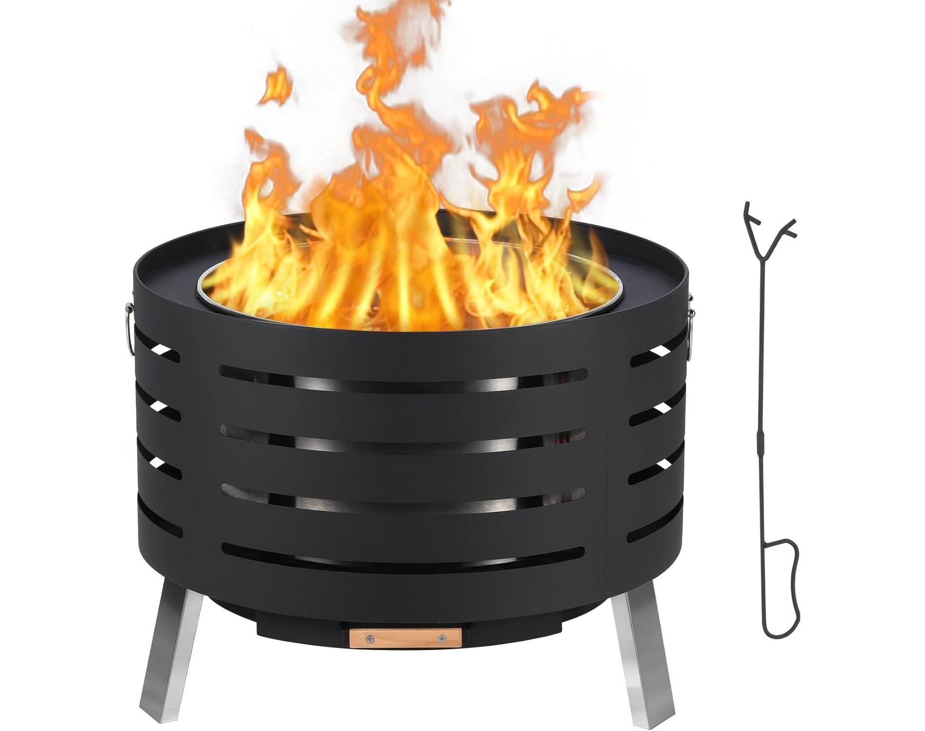 Acekool 26" Smokeless Fire Pit - 360° Airflow Dual Burn Technology with Ash Pan & Spark Screen for Outdoor Gatherings (Black)