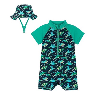 Image of Andy & Evan Infant  Dino Print Swim Romper and Hat Blue, Size 9-12 Months.
