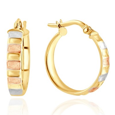 Pompeii3 14k Yellow Gold 4mm Small Tri-Color Hoops Women's Earrings 3/4" Tall 1.35grams