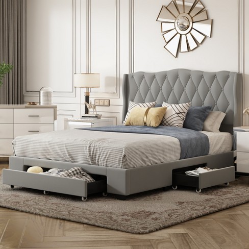 Queen Size Storage Bed Velvet Upholstered Platform Bed w/ A Big Drawer - Beige