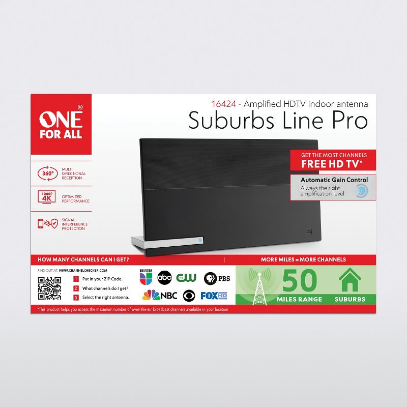 One For All® Suburbs Line Pro Amplified Indoor Flat HDTV Antenna with Automatic Gain Control, 5 of 11