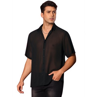 Lars Amadeus Men's Short Sleeve See Through Button Down Point Collar Sheer Shirts