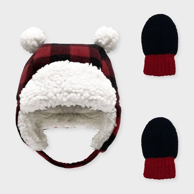 Image of Baby Girls' Buffalo Plaid Trapper and Magic Mittens Set - Cat & Jack™ Red Newborn