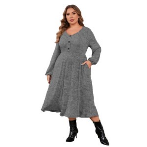 Coolmee Womens Plus Size Casual Winter Maxi Dresses Long Sleeve V Neck Button Badydoll Knit Long Sweater Dress with Pockets - 1 of 1