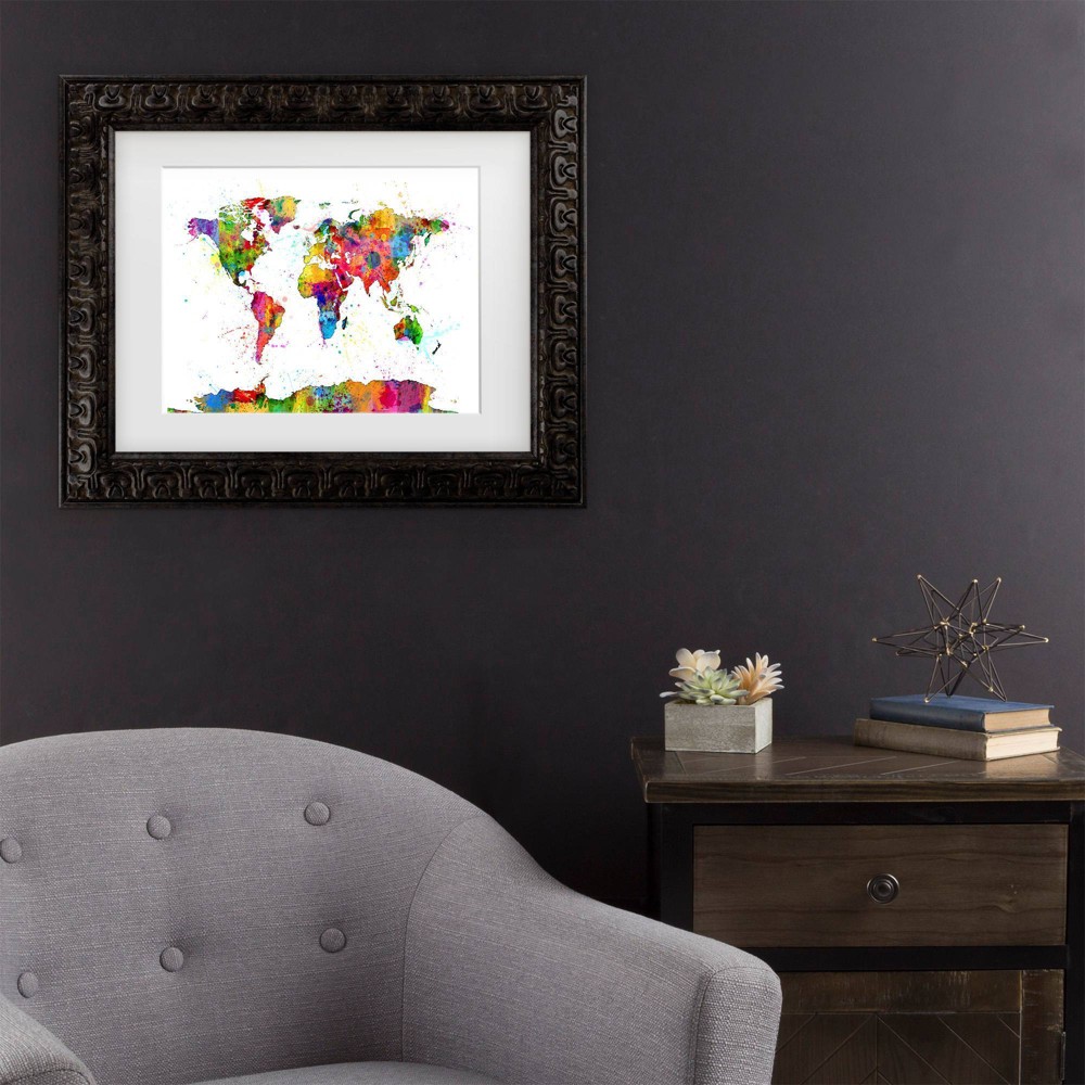 Trademark Fine Art 11"x14" Michael Tompsett Map of The World Watercolor Matted Framed Art Dark Gold