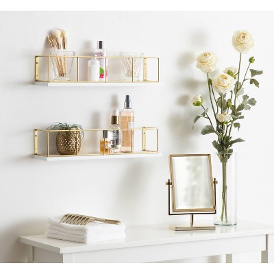 Elegant 18" White and Gold Wood Floating Wall Shelf Set