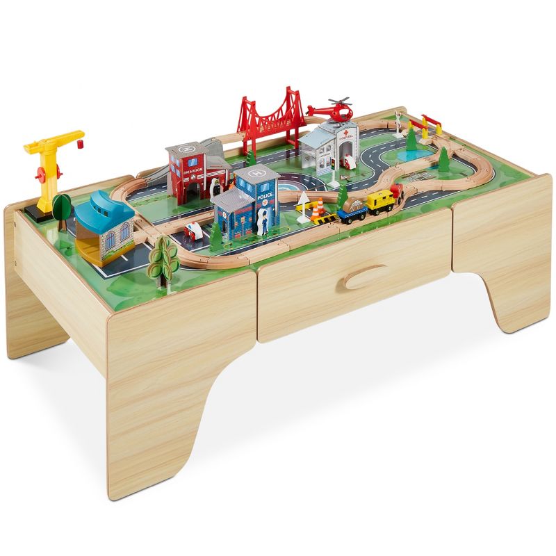 Best Choice Products Kids 35-Piece Train Table, Large Multipurpose Wooden Playset w/ Reversible Table Top - Natural, 1 of 8