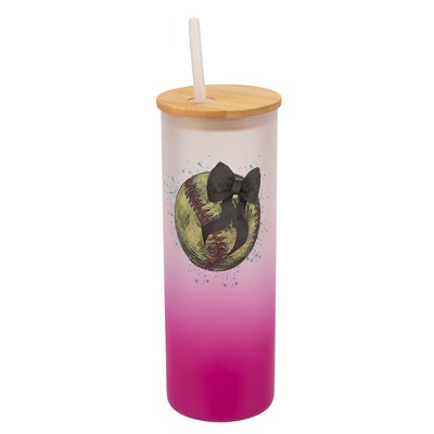 Elanze Designs 25 Ounce Frosted Glass Gradient Travel Tumbler With Straw and Wooden Lid, Softball Teal Paint Splatter Pink