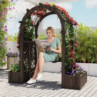 Wood Garden Arbor with Planter Boxes and Swing Outdoor Arch Trellis with Pergola for Climbing Plants Vines Grapes Backyard Wedding Party Decor