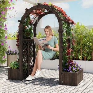 Wood Garden Arbor with Planter Boxes and Swing Outdoor Arch Trellis with Pergola for Climbing Plants Vines Grapes Backyard Wedding Party Decor - 1 of 4