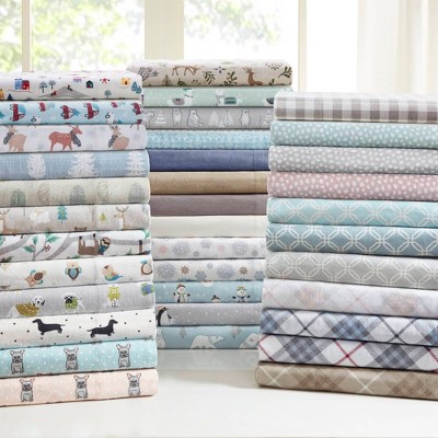 Twin XL White Village Print Cotton Flannel Sheet Set