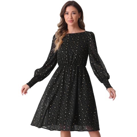 Женские платья INSPIRE CHIC Women's Puff Long Sleeve Elastic Waist Glitter Stars Boat Neck Mesh Dress Black X-Large