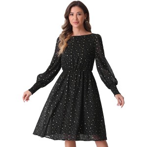 Allegra K Women's Puff Long Sleeve Elastic Waist Glitter Stars Boat Neck Mesh Dress - 1 of 4