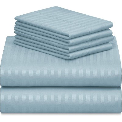 King Size Light Blue Striped Cotton Polyester Sheet Set