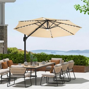 10FT Cantilever Patio Umbrella with LED Lights, 360° Rotating Offset Sun Shade, Windproof Outdoor Umbrella with Base for Garden, Deck, Pool - 1 of 4