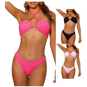 INSPIRE CHIC Women's Halter Bandeau Ribbed Strapless Lace Up Swimwear Bikini Combination Sets - 1 of 4