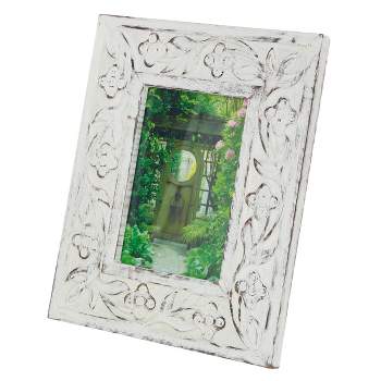 11"x9" Mango Wood Floral Handmade Intricate Carved 1 Slot Photo Frame White - Olivia & May