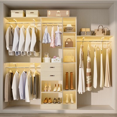 Aheaplus 96'' W Closet Organizer with 13 Shelves, DIY Closet System with Drawers and Hanging Rods
